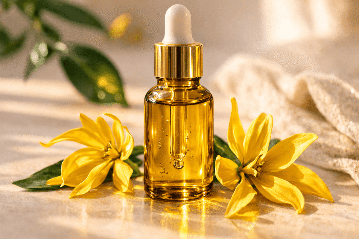 Ylang Ylang facial oil recipe Nigeria — 30ml amber glass bottle with golden facial oil and yellow flowers by Jumira Naturals