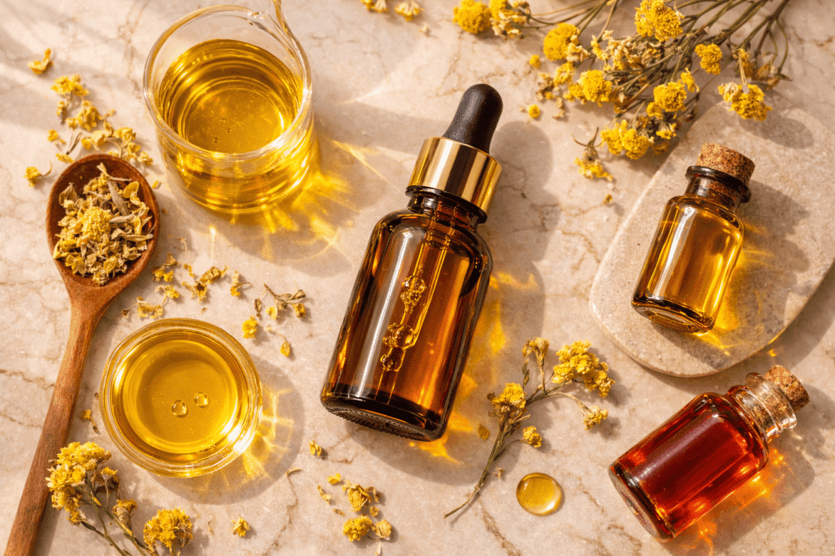 Ylang Ylang essential oil Nigeria skincare formulation workspace — amber dropper bottles and yellow flowers by Jumira Naturals Organicsbyjumira