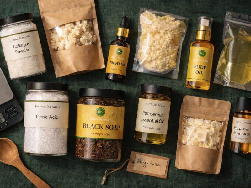 Jumira Naturals cosmetic ingredients catalogue showing multiple raw skincare ingredients available in Nigeria