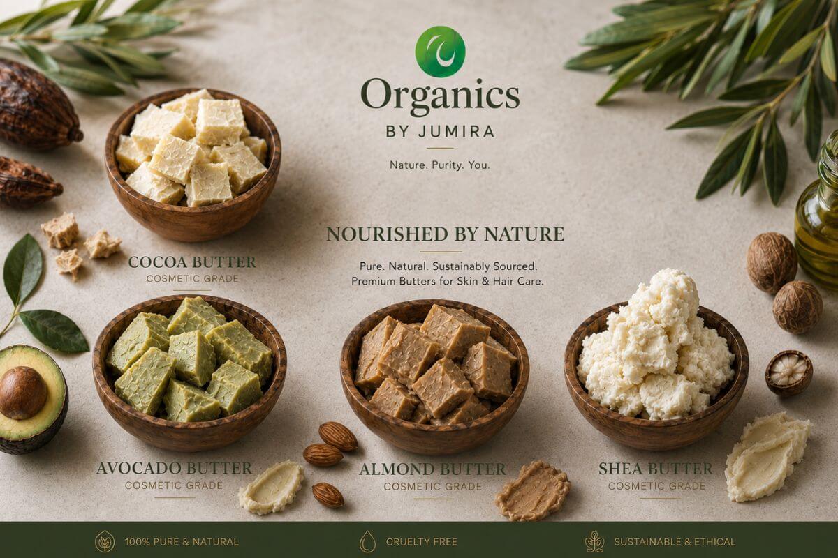 Organic shea butter cocoa butter and mango butter for skincare