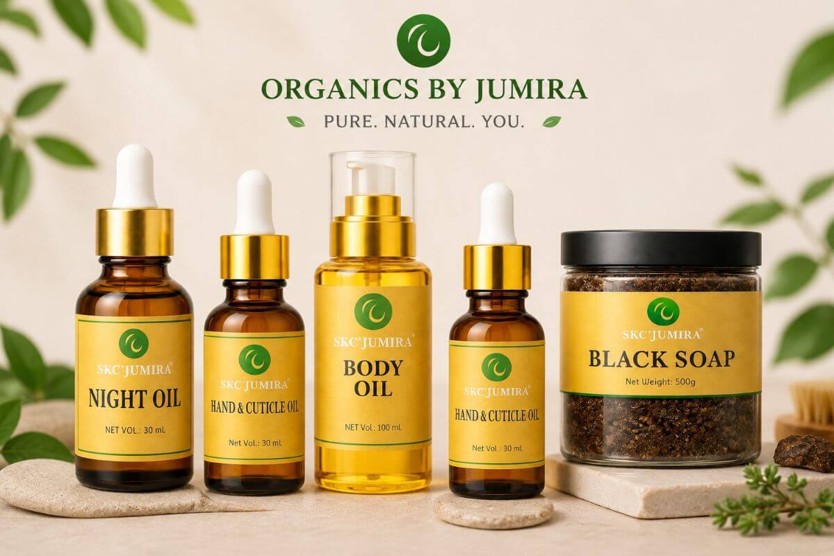 SKC'Jumira premium skincare products including facial oils body oil black soap and honey wash
