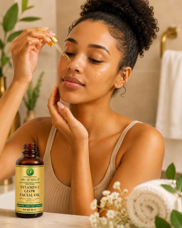 Woman applying Vitamin C Face Oil during her skincare routine