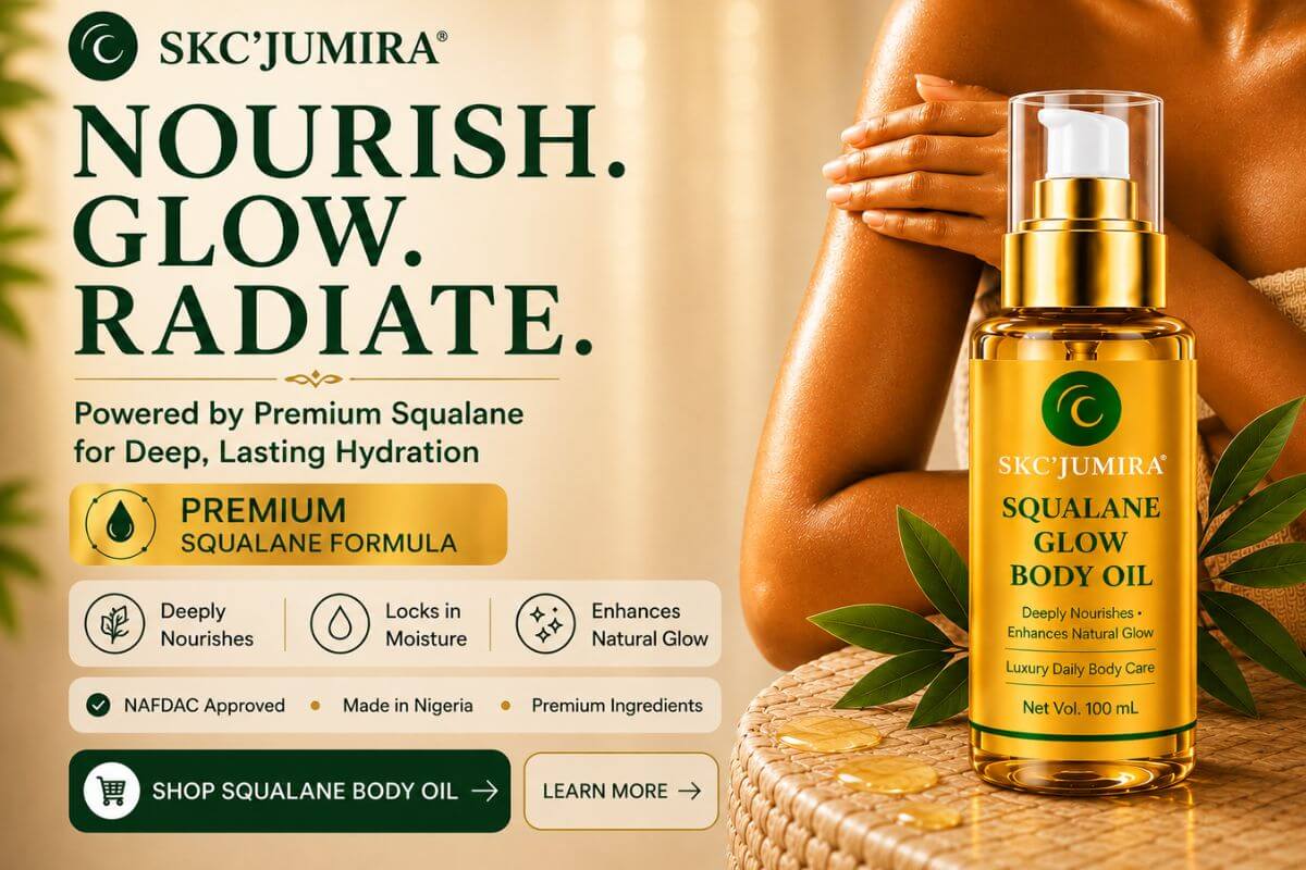 SKC'JUMIRA Squalane Glow Body Oil website hero banner featuring premium squalane body oil for deep hydration, radiant glow and smooth skin.