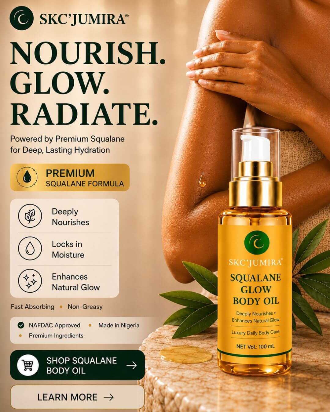 SKC'JUMIRA Squalane Glow Body Oil mobile hero banner featuring premium squalane body oil for deep hydration, radiant glow and smooth, nourished skin.