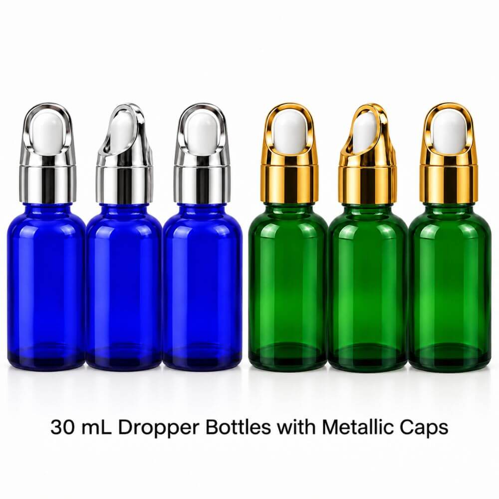 30ml blue and green dropper bottle with silver-tone and gold cap 6 pcs