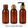 100 mL amber PET bottles with flip-top cap disc-top cap and lotion pump
