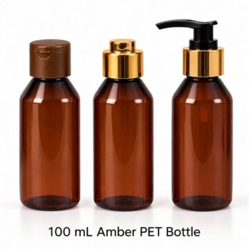 100 mL amber PET bottles with flip-top cap disc-top cap and lotion pump