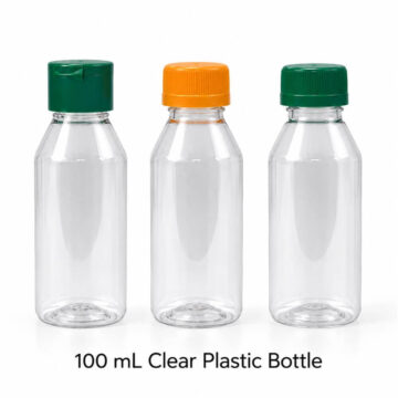 100 mL clear plastic bottles with flip-top cap and screw cap
