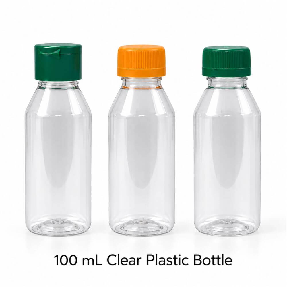 100 mL clear plastic bottles with flip-top cap and screw cap