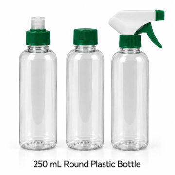 250 mL clear round plastic bottles with lotion pump screw cap and trigger spray
