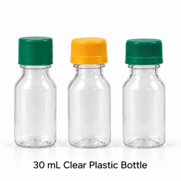 30 mL clear plastic bottles with flip-top cap and screw cap