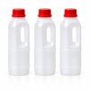 white opaque plastic bottles with red screw caps