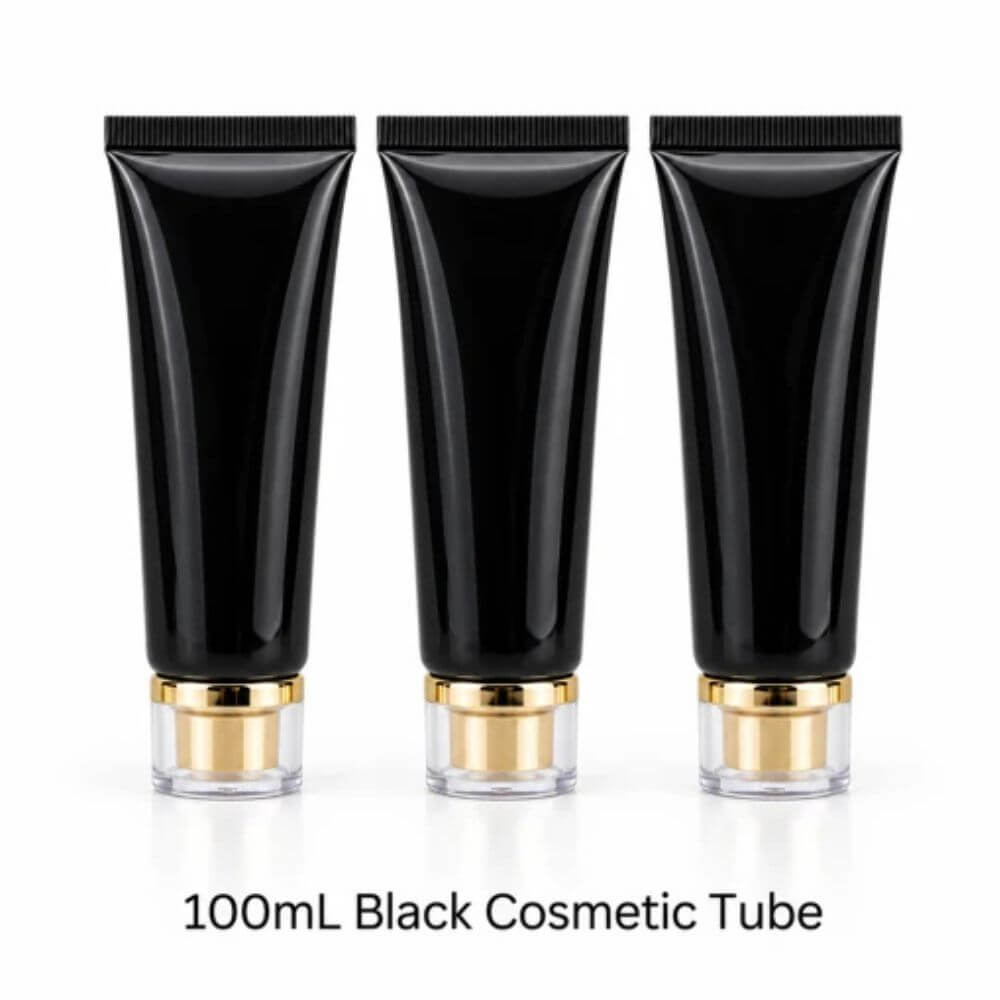 100 mL black cosmetic squeeze tubes with gold-tone details and clear bases, pack of 12