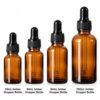 Amber dropper bottles with black caps in 20 mL, 30 mL, 50 mL and 100 mL sizes