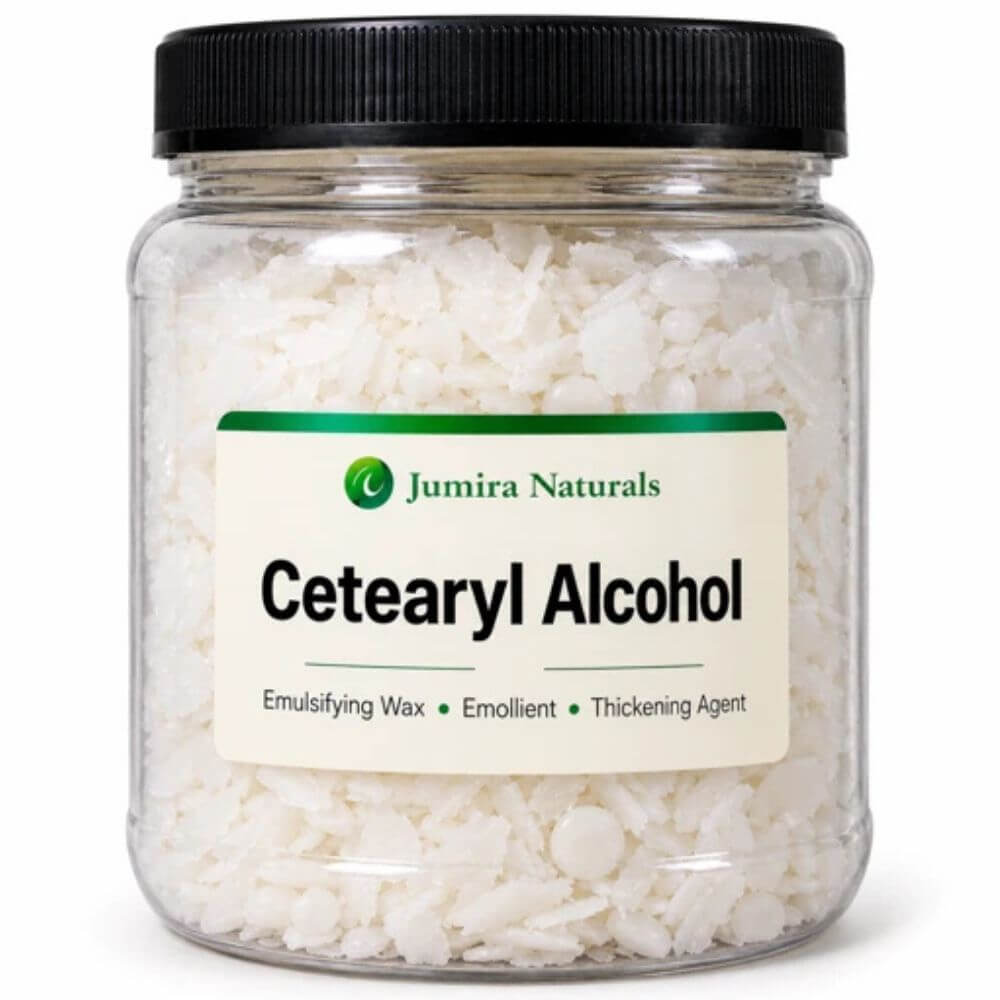 Cetearyl Alcohol white wax flakes in a cosmetic ingredient jar