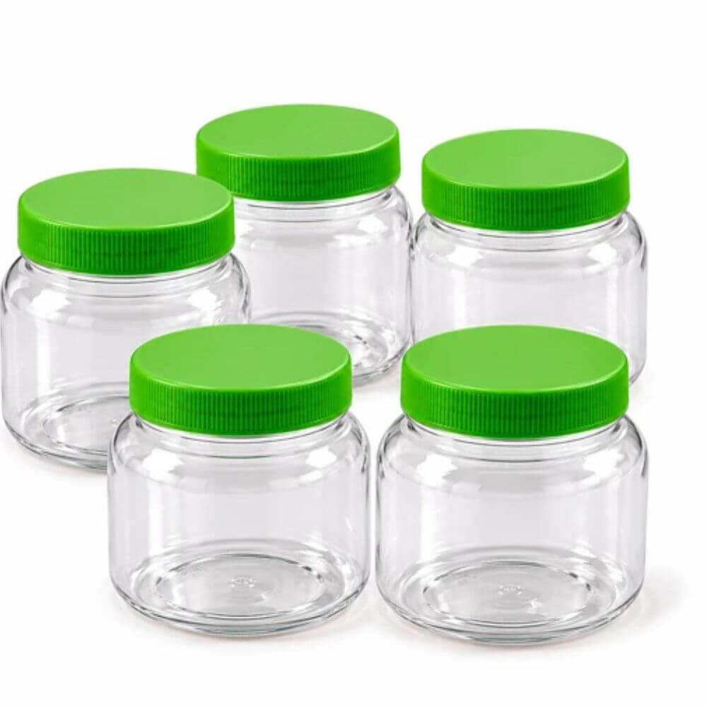 Clear cosmetic jars with green ribbed screw lids, pack of 12