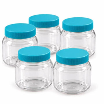 Clear cosmetic jars with turquoise-blue ribbed screw lids, pack of 12